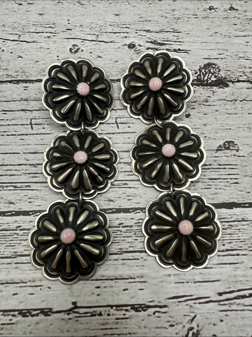 Sterling Silver 3 Concho Drop Earrings with Pink Conch Accents